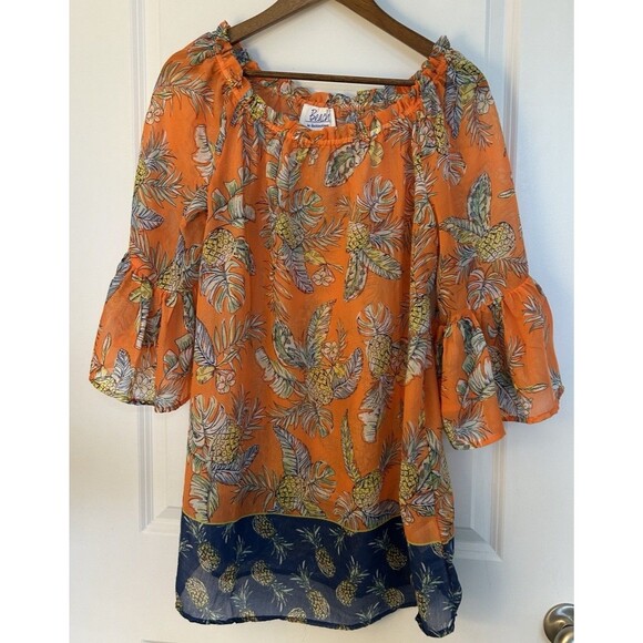 Womens Shirt Medium Boho Orange Tropical Island Hawaiian Flowy Relaxed Pineapple - Picture 2 of 11